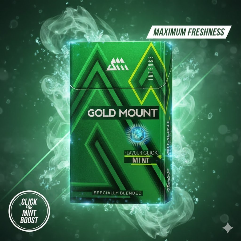 ซองบุหรี่ Gold Mount Flavour Click Mint สีเขียวเมทัลลิก ดีไซน์ทันสมัย มีกราฟิกควันสีเขียวและเอฟเฟกต์ความเย็นรอบซอง พร้อมข้อความ Maximum Freshness