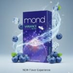 ซองบุหรี่ Mond Variance Blueberry Menthol รายล้อมด้วยลูกบลูเบอร์รี่และน้ำแข็ง สื่อถึงความเย็นสดชื่น