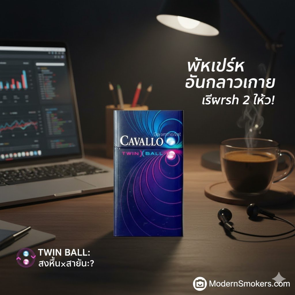 ซองบุหรี่ Cavallo Twin Ball สีน้ำเงินม่วง ดีไซน์ 2 เม็ดบีบ วางบนโต๊ะทำงานที่มีคอมพิวเตอร์และแก้วกาแฟ